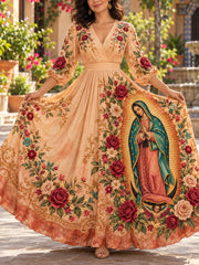 Vestido de lino estampado con arte mexicano, Fiesta de Nuestra Señora de Guadalupe para mujer