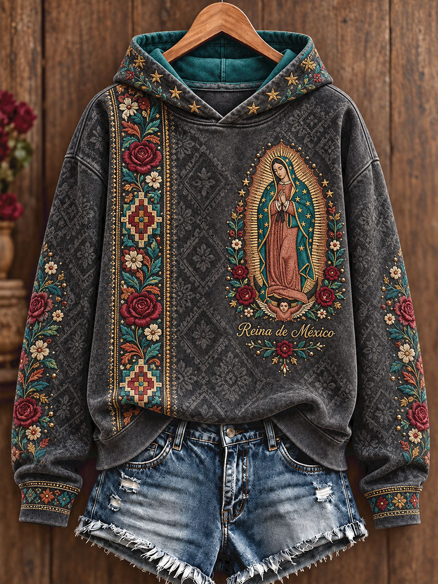 Sudadera con capucha estampada con el arte de la Virgen de Guadalupe de México para mujer
