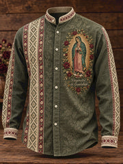Camisa estampada con arte de la Virgen de Guadalupe de México para hombre