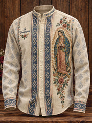 Camisa estampada con arte de la Virgen de Guadalupe de México para hombre