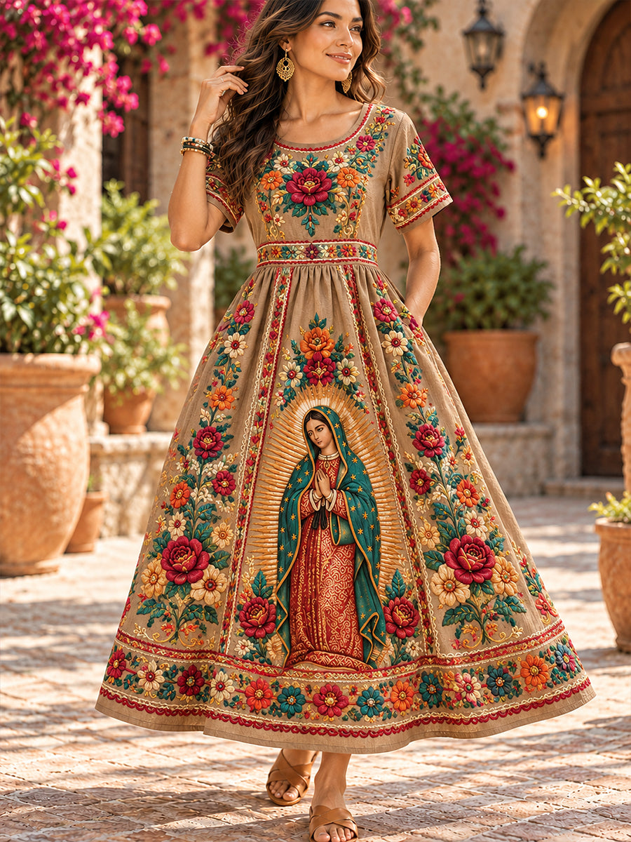 Vestido de lino estampado con arte mexicano, Fiesta de Nuestra Señora de Guadalupe para mujer