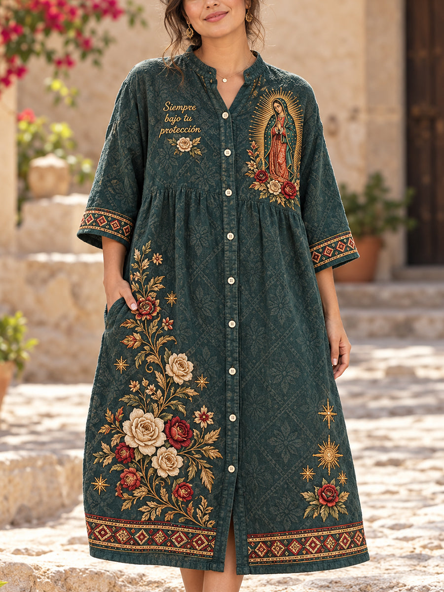 Vestido casual de algodón-lino con estampado artístico mexicano de la Fiesta de Nuestra Señora de Guadalupe para mujer