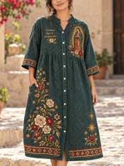Vestido casual de algodón-lino con estampado artístico mexicano de la Fiesta de Nuestra Señora de Guadalupe para mujer