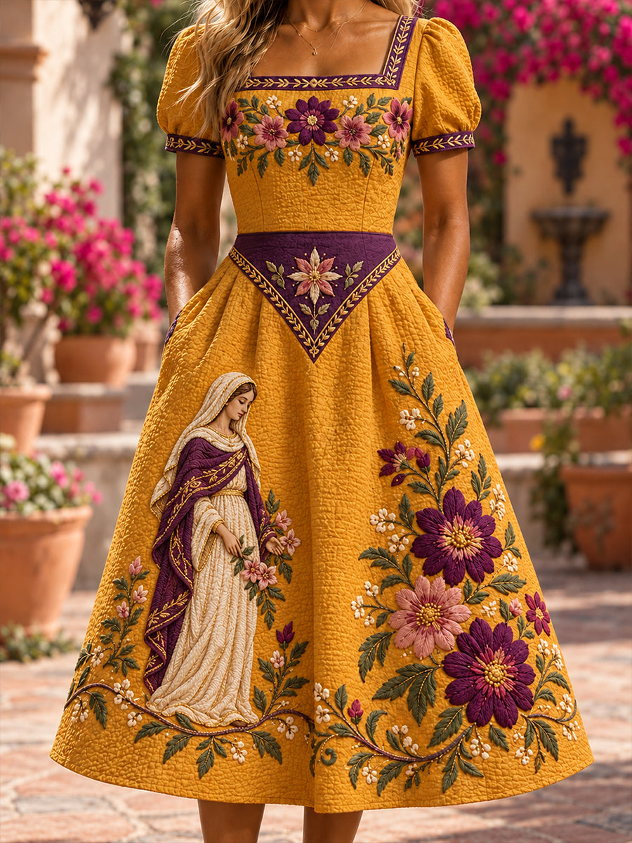 Vestido midi elegante con estampado artístico mexicano de la Fiesta de Nuestra Señora de Guadalupe para mujer
