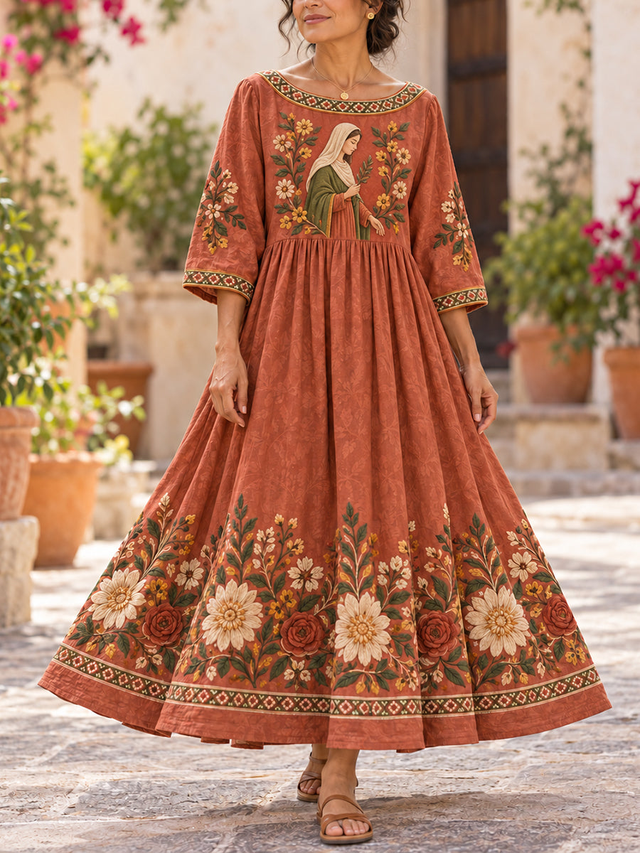 Vestido midi de manga larga con cuello redondo y estampado mexicano de la Fiesta de Nuestra Señora de Guadalupe para mujer