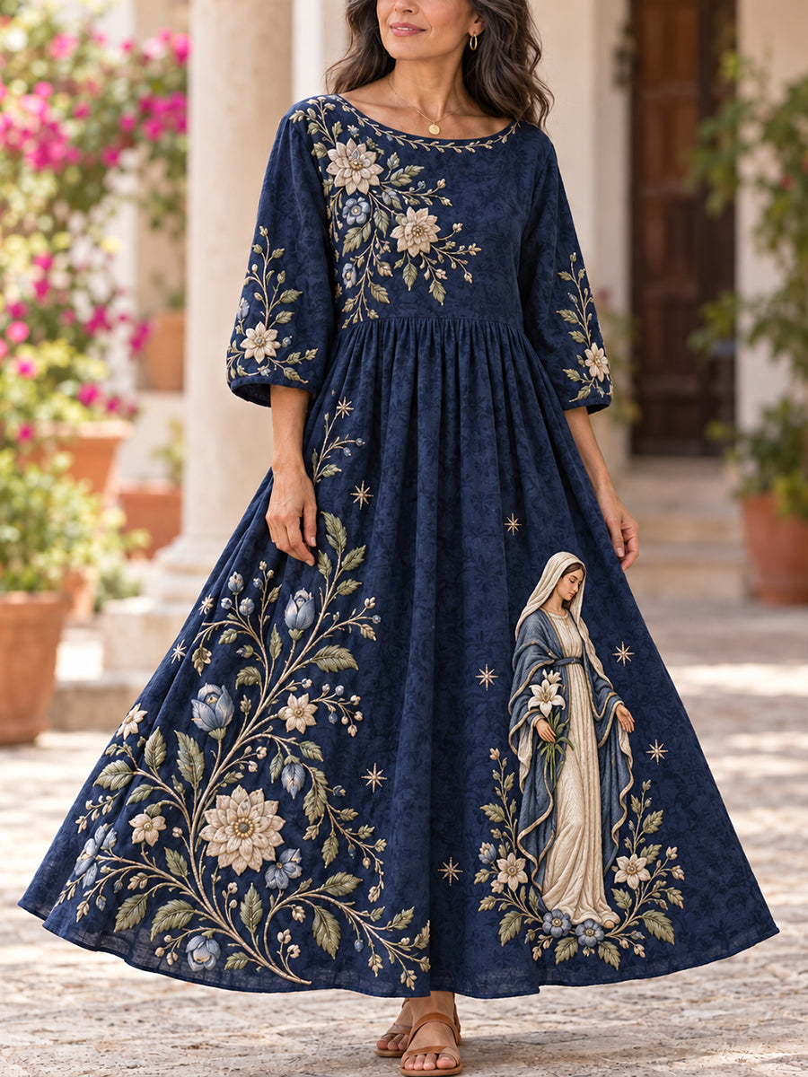 Vestido midi de manga larga con cuello redondo y estampado mexicano de la Fiesta de Nuestra Señora de Guadalupe para mujer