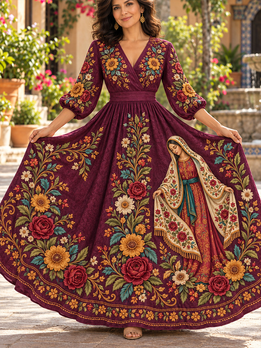 Vestido de lino estampado con arte de la Fiesta de Nuestra Señora de Guadalupe para mujer