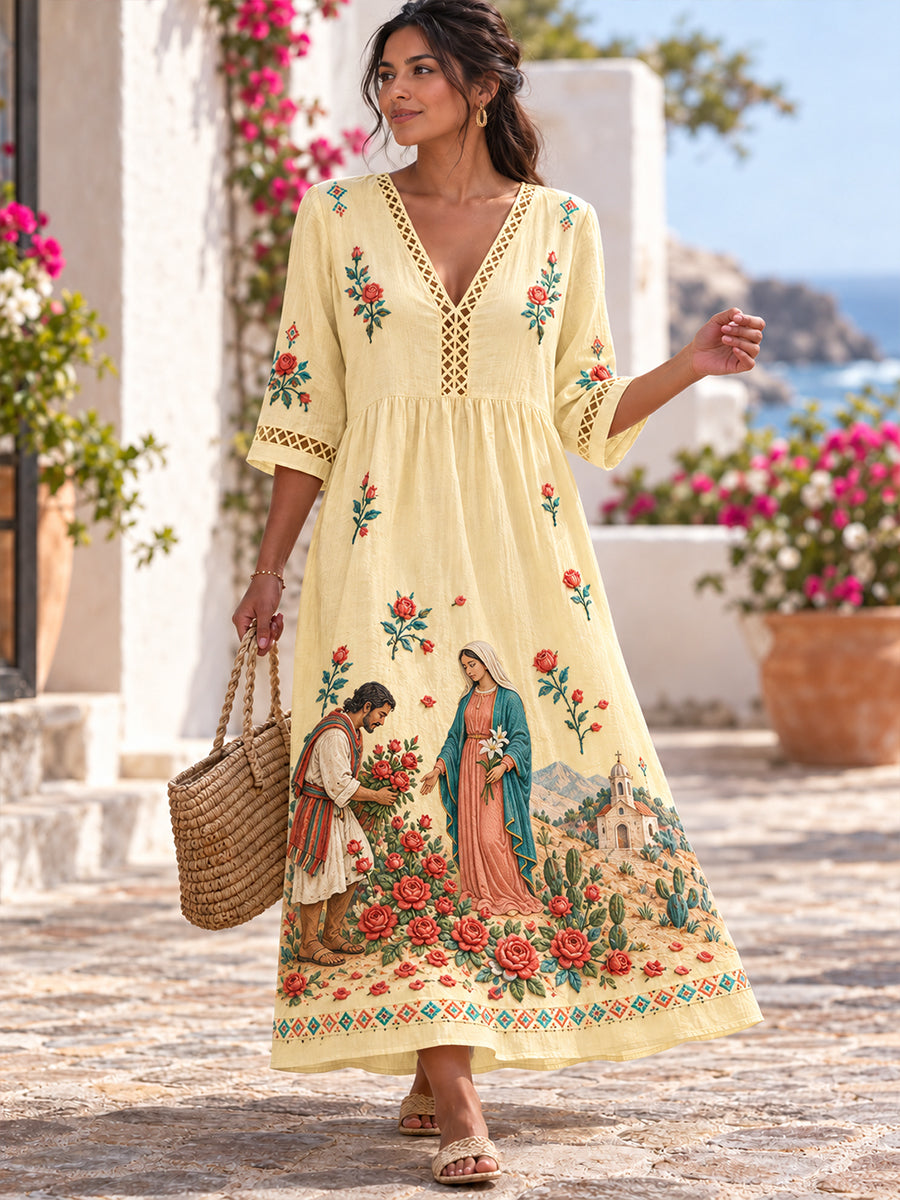 Vestido camisero calado con cuello en V de la Fiesta de Nuestra Señora de Guadalupe para mujer