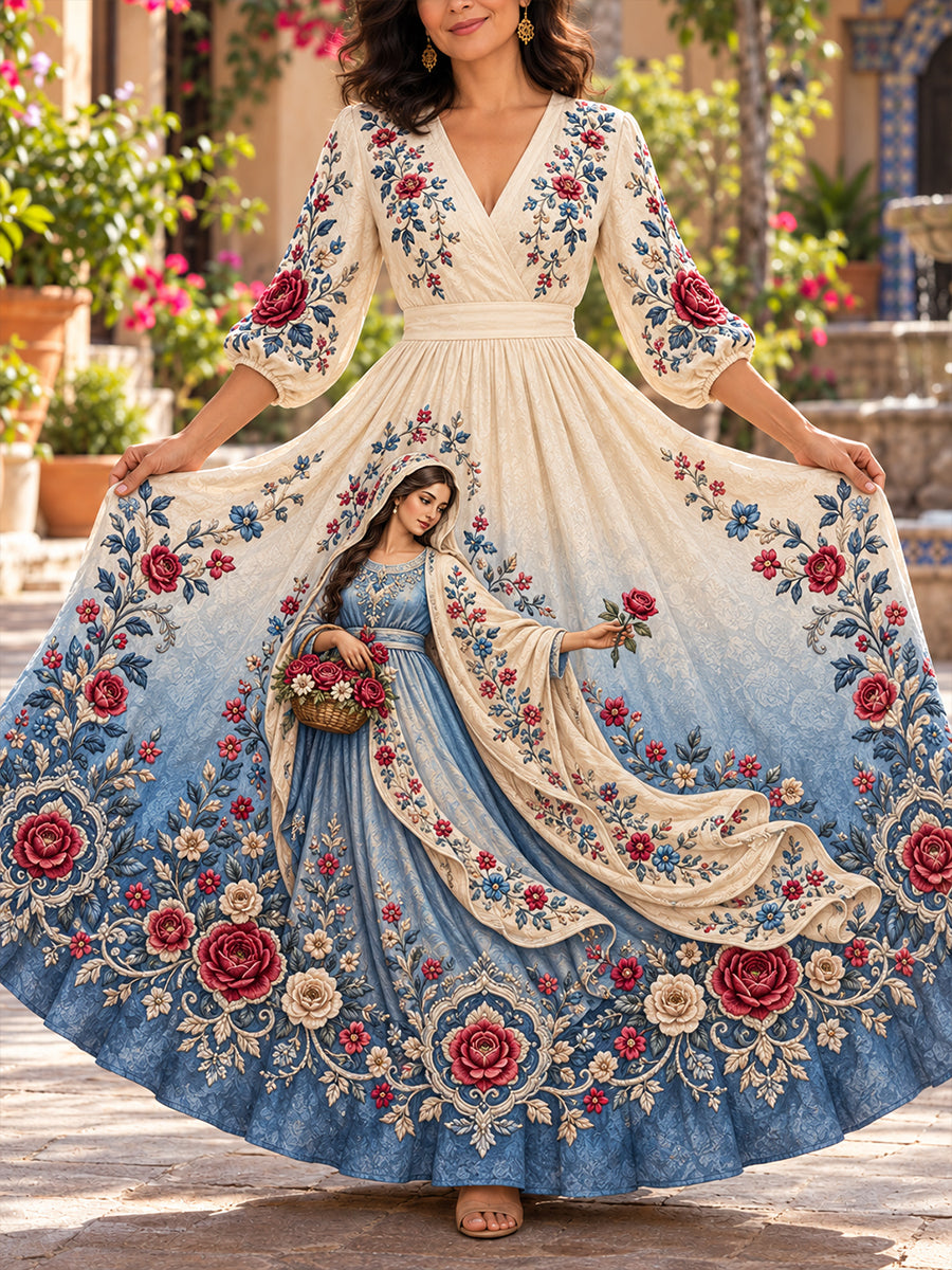 Vestido de lino estampado con arte de la Fiesta de Nuestra Señora de Guadalupe para mujer