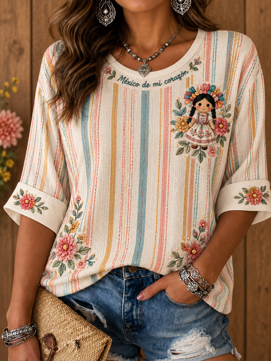 Camiseta estampada de arte popular mexicano para mujer