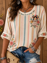 Camiseta estampada de arte popular mexicano para mujer